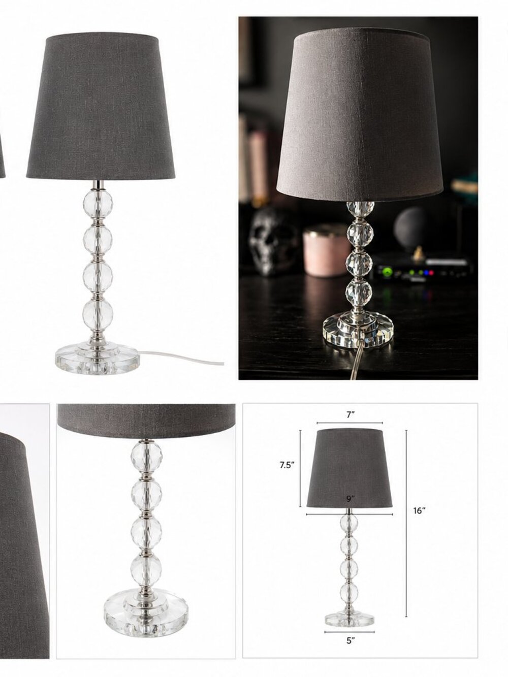 Mercer41 Crystal Table Lamps Set of 2 Gray Shade 16" Accent Lamps